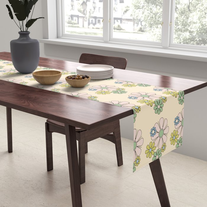 Retro Garden Party 60s 70s Geometric Floral Grid Pastel Pattern Table Runner Gallery Image 2