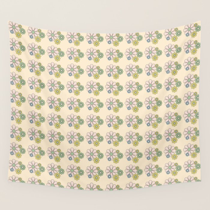 Retro Garden Party 60s 70s Geometric Floral Grid Pastel Pattern Wall Tapestry Gallery Image 4