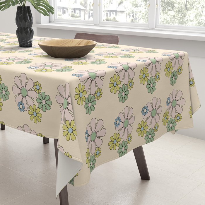 Retro Garden Party 60s 70s Geometric Floral Grid Pastel Pattern Tablecloth Gallery Image 3