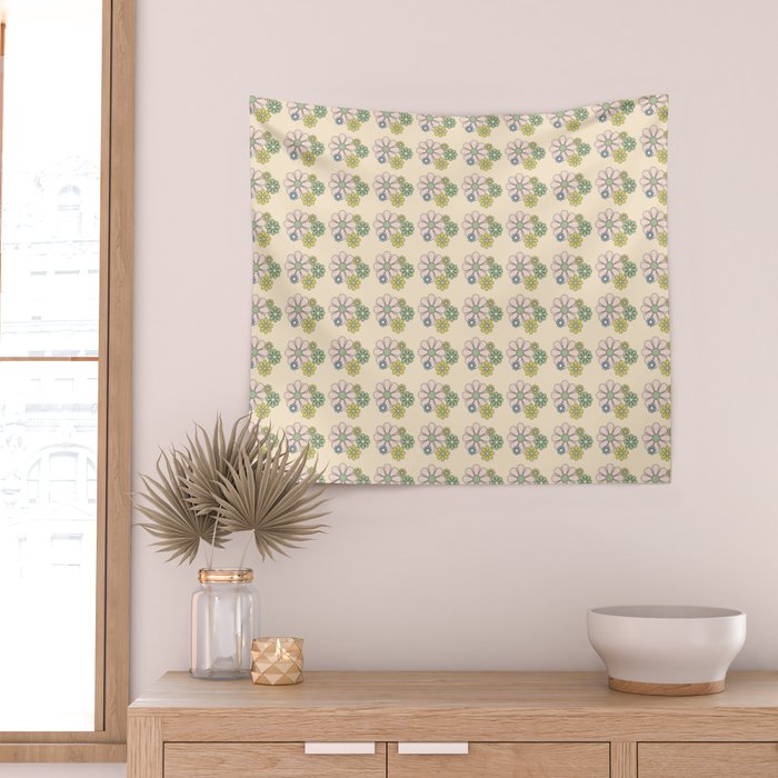Retro Garden Party 60s 70s Geometric Floral Grid Pastel Pattern Wall Tapestry Gallery Image 2