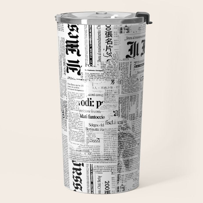 Black And White Collage Of Grunge Newspaper Fragments Travel Mug Gallery Image 2