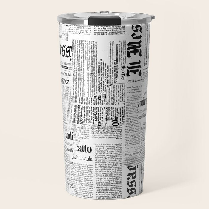 Black And White Collage Of Grunge Newspaper Fragments Travel Mug