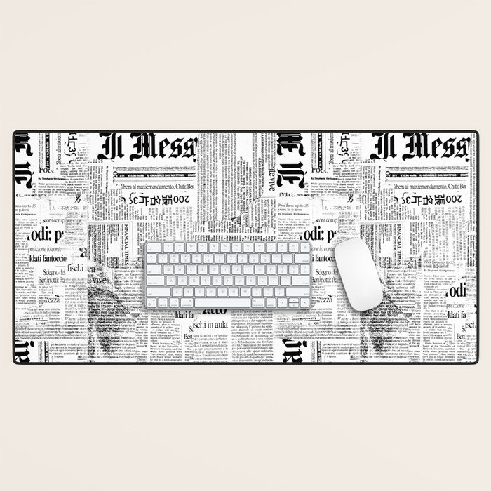 Black And White Collage Of Grunge Newspaper Fragments Desk Mat Gallery Image 1