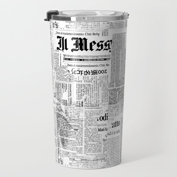 Black And White Collage Of Grunge Newspaper Fragments Travel Mug Gallery Image 3