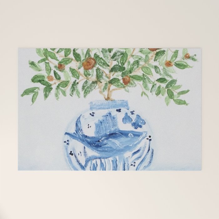 Blue and White Ginger Jar Orange Tree  Welcome Mat Gallery Image 1