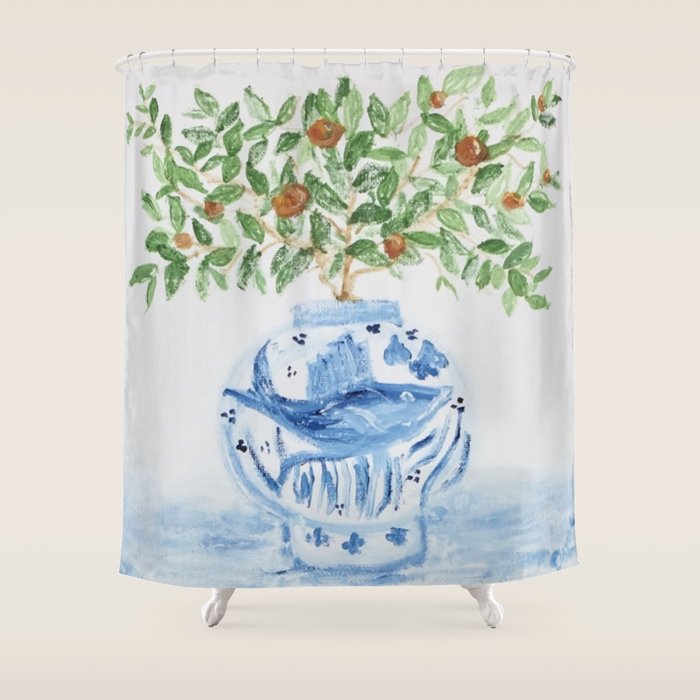 Blue and White Ginger Jar Orange Tree  Shower Curtain Gallery Image 1