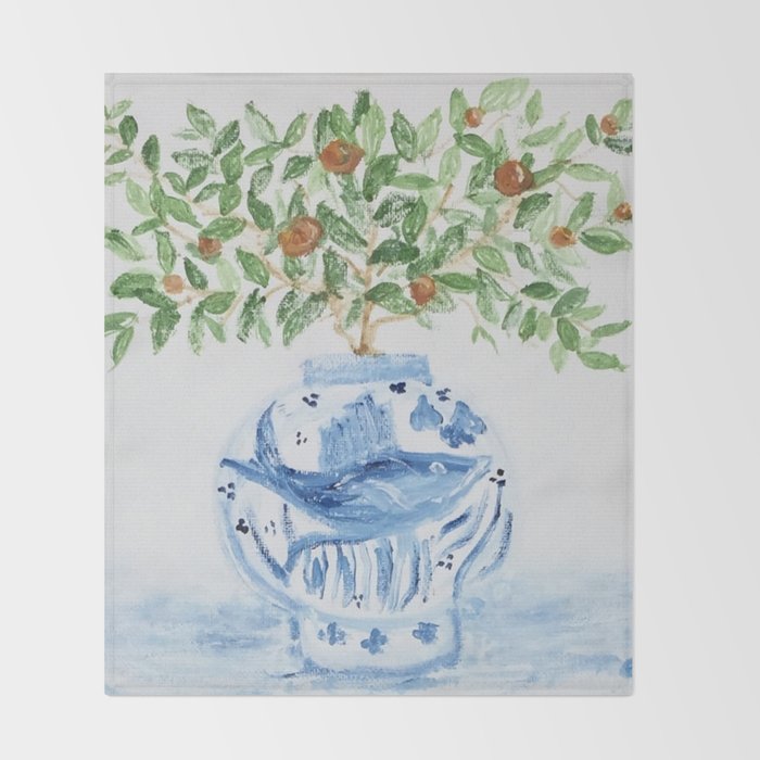 Blue and White Ginger Jar Orange Tree  Throw Blanket Gallery Image 2
