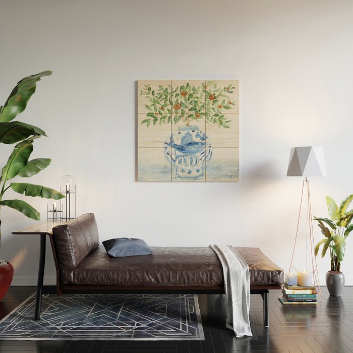 Blue and White Ginger Jar Orange Tree  Wood Wall Art Gallery Image 2