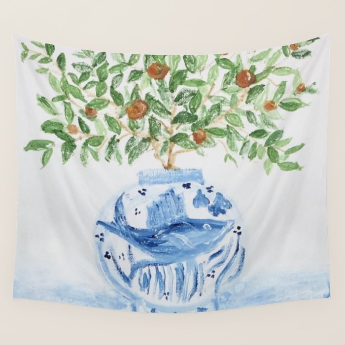 Blue and White Ginger Jar Orange Tree  Wall Tapestry Gallery Image 1