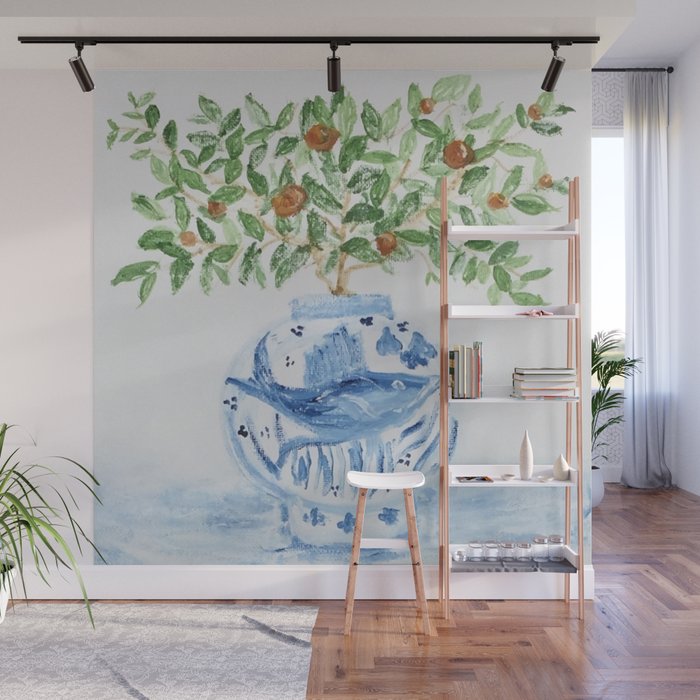 Blue and White Ginger Jar Orange Tree  Wall Mural Gallery Image 1