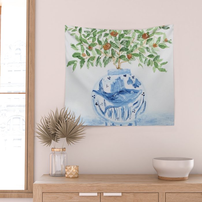 Blue and White Ginger Jar Orange Tree  Wall Tapestry Gallery Image 2
