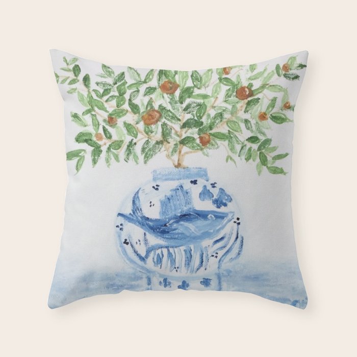 Blue and White Ginger Jar Orange Tree  Throw Pillow Gallery Image 1