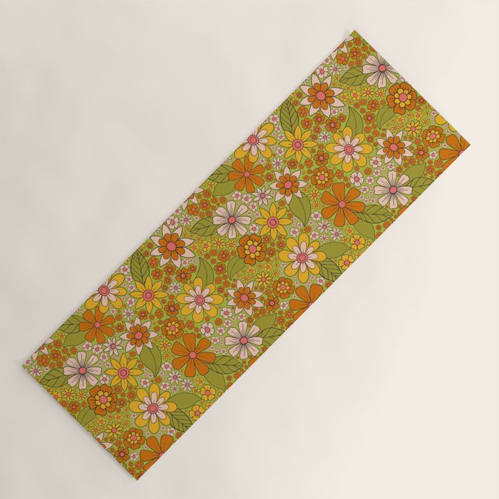 1960s, 1970s Retro Floral in Green, Pink & Orange - Flower Power Yoga Mat Gallery Image 1