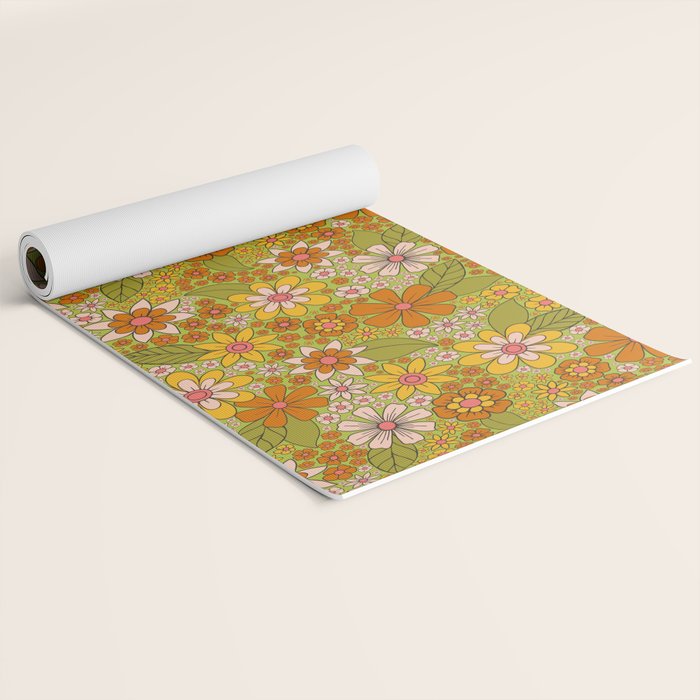 1960s, 1970s Retro Floral in Green, Pink & Orange - Flower Power Yoga Mat Gallery Image 2