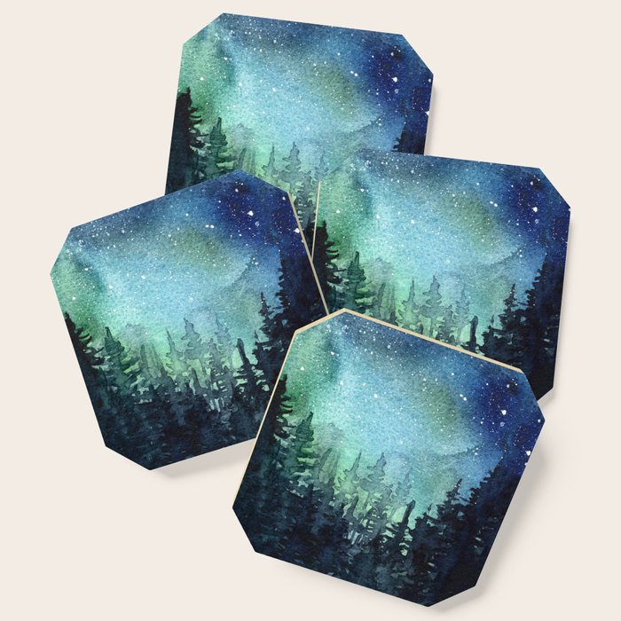 Galaxy Watercolor Aurora Borealis Painting Coaster Gallery Image 1