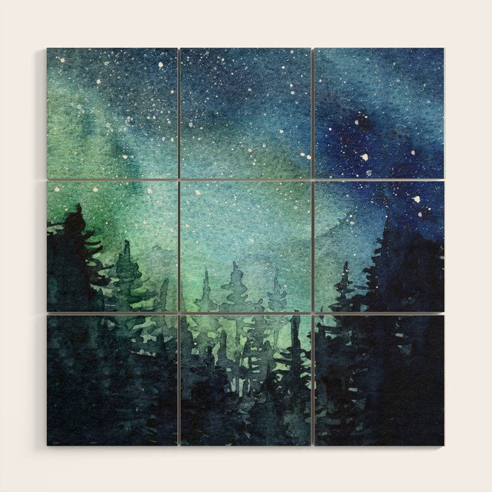 Galaxy Watercolor Aurora Borealis Painting Wood Wall Art Gallery Image 1