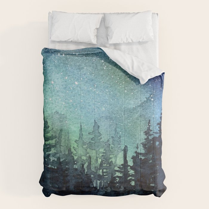 Galaxy Watercolor Aurora Borealis Painting Comforter Gallery Image 1
