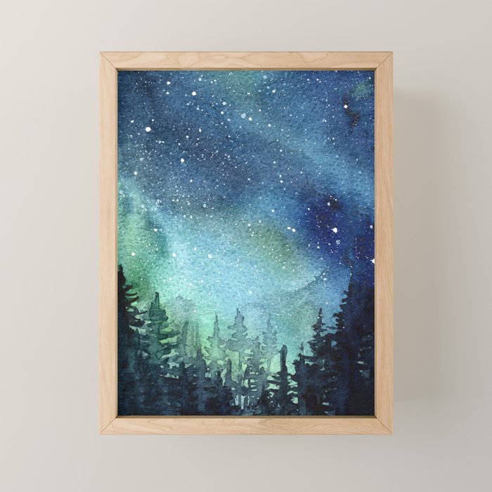 Galaxy Watercolor Aurora Borealis Painting Mini Art Print Gallery Image 1