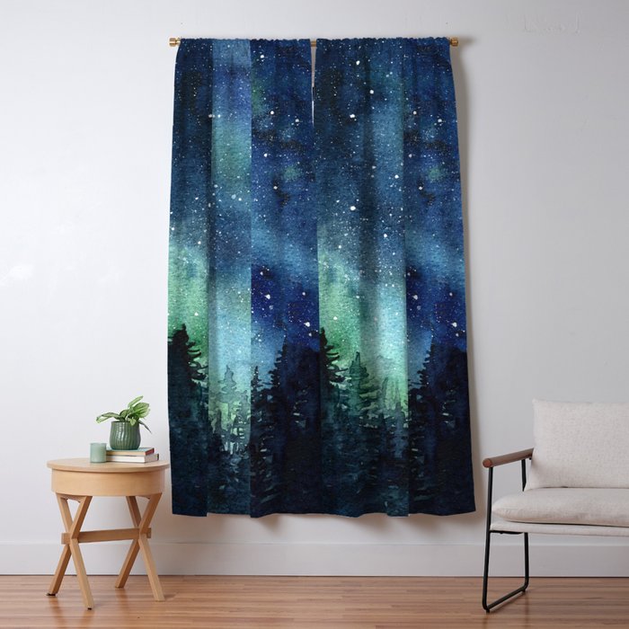 Galaxy Watercolor Aurora Borealis Painting Window Curtain Gallery Image 5
