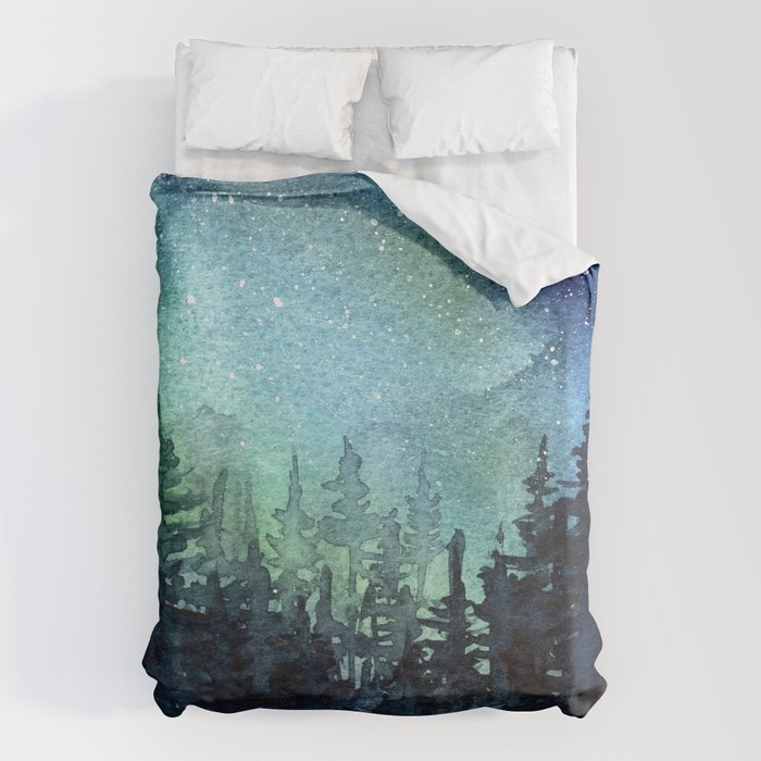 Galaxy Watercolor Aurora Borealis Painting Duvet Cover Gallery Image 1