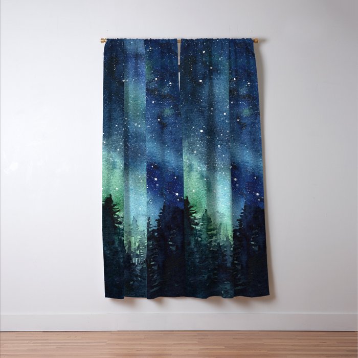 Galaxy Watercolor Aurora Borealis Painting Window Curtain Gallery Image 3