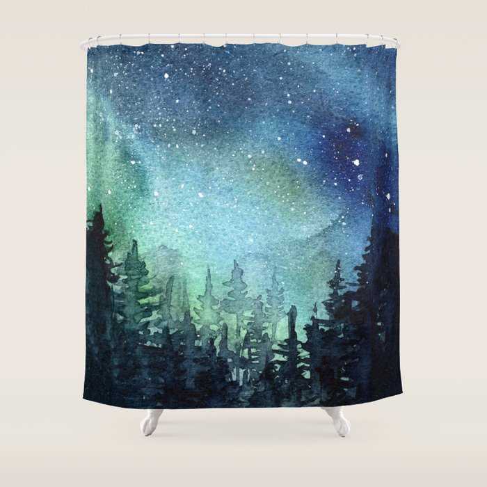 Galaxy Watercolor Aurora Borealis Painting Shower Curtain Gallery Image 1