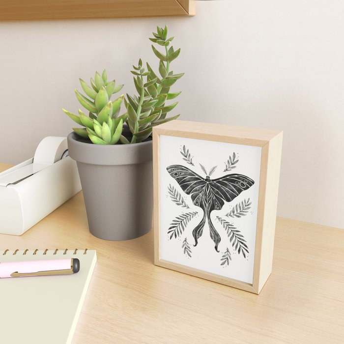 Watercolor Luna Moth in Black and White Mini Art Print Gallery Image 2