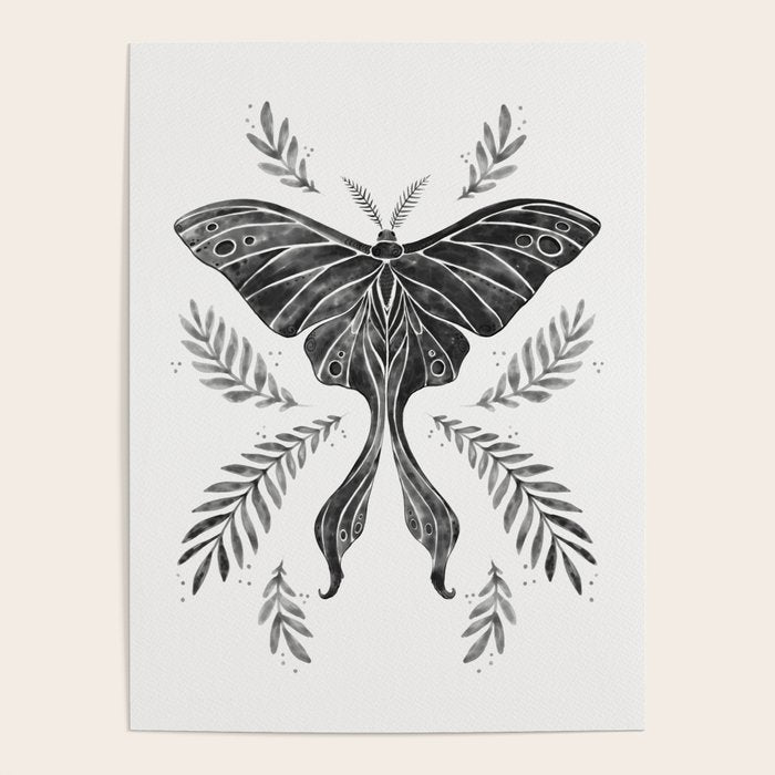 Watercolor Luna Moth in Black and White Poster Gallery Image 4