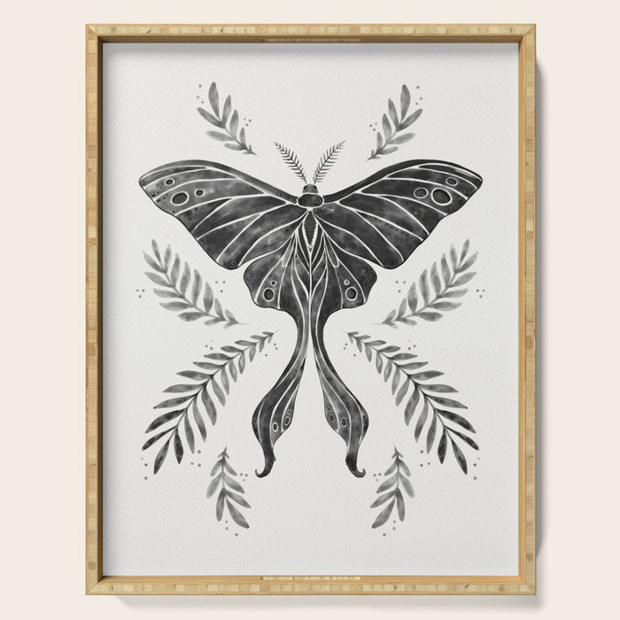 Watercolor Luna Moth in Black and White Serving Tray Gallery Image 1