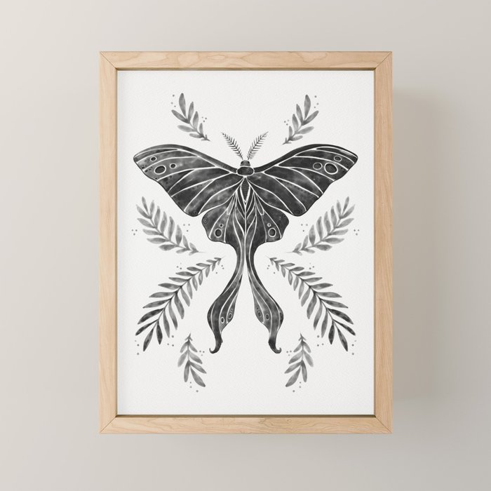 Watercolor Luna Moth in Black and White Mini Art Print Gallery Image 1