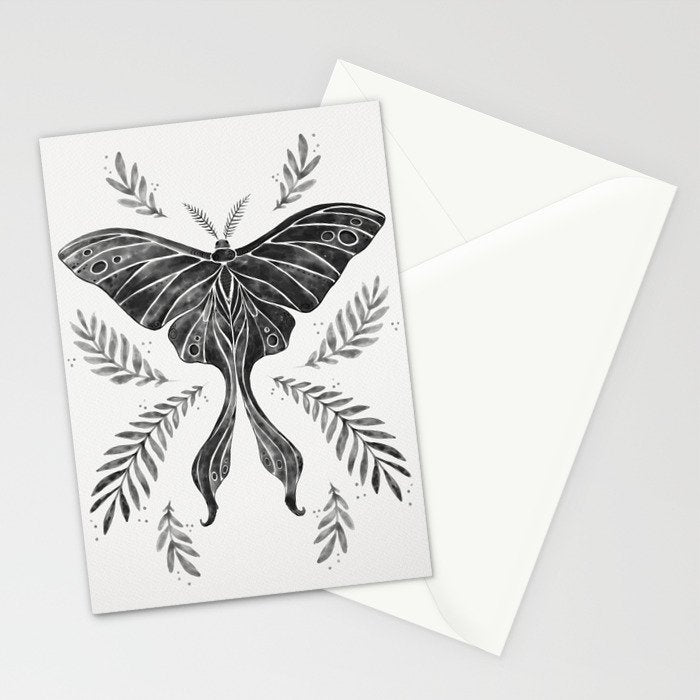 Watercolor Luna Moth in Black and White Stationery Card Gallery Image 2
