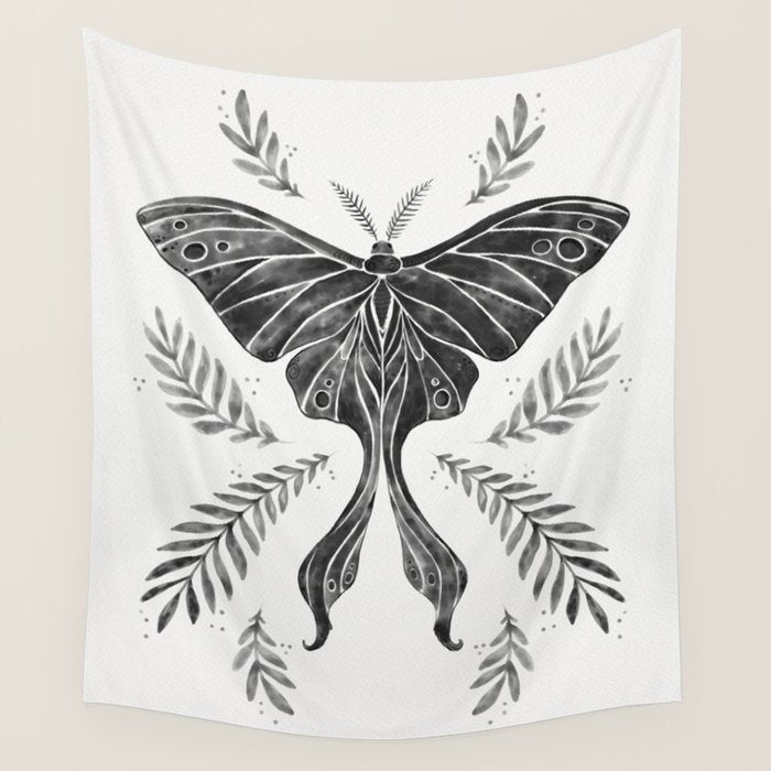 Watercolor Luna Moth in Black and White Wall Tapestry Gallery Image 4