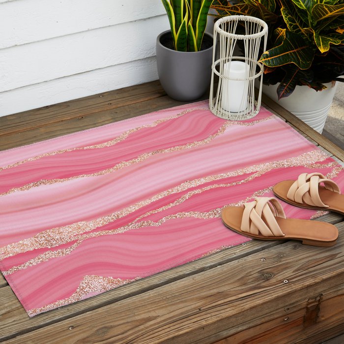 Blush Pink And Gold Marble Stripes Outdoor Rug Gallery Image 2