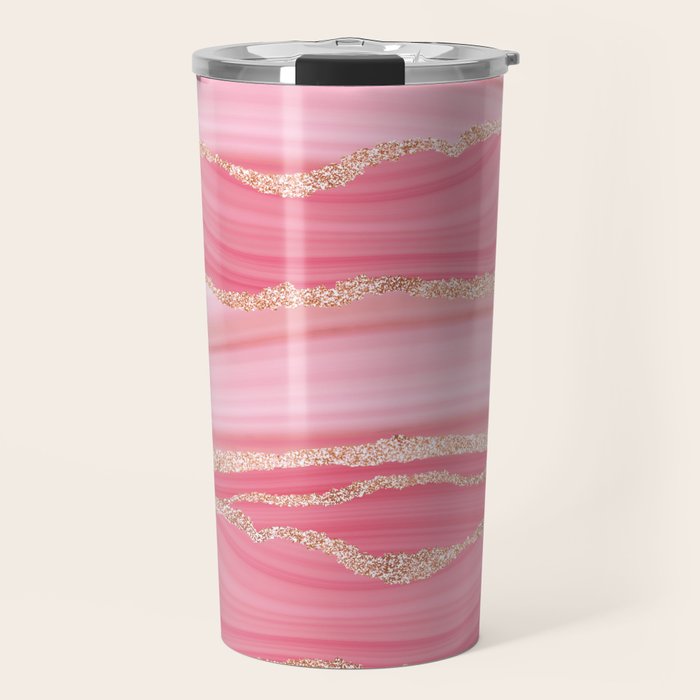 Blush Pink And Gold Marble Stripes Travel Mug Gallery Image 1