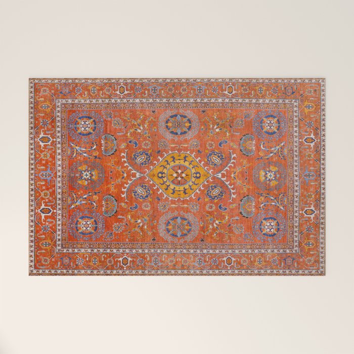 Orange Suns Suzani  Kazak Persian Rug Welcome Mat Gallery Image 1
