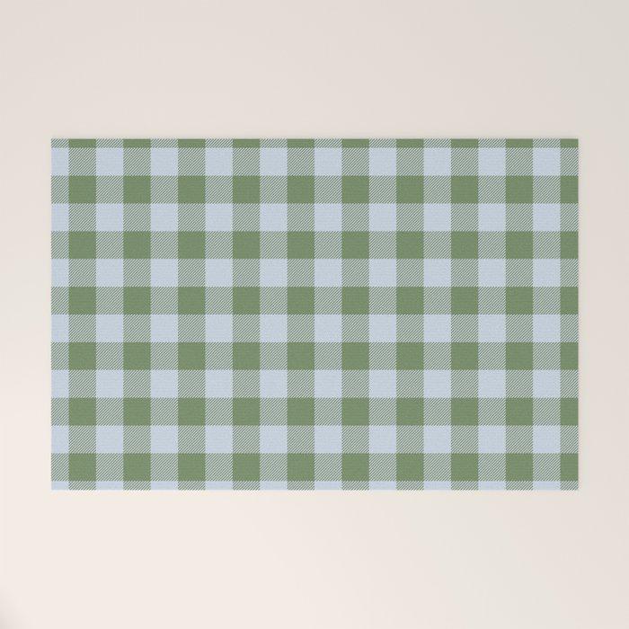 Gingham Plaid Pattern in Soft Sky and Sea Grass Tones Welcome Mat Gallery Image 1