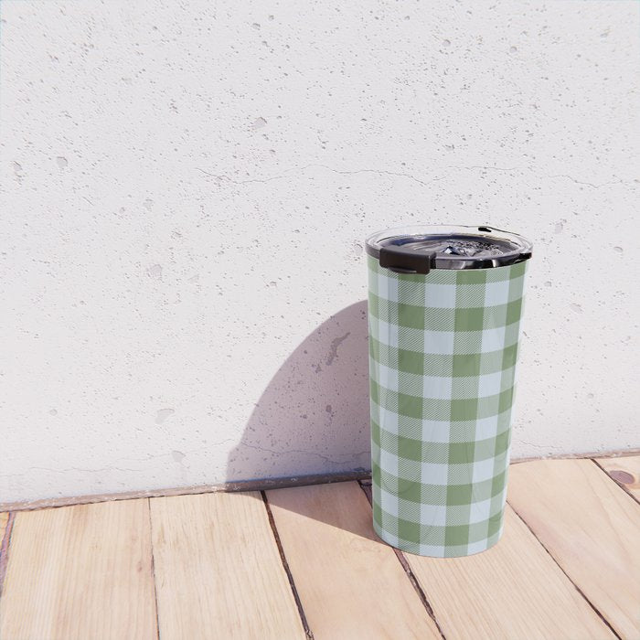 Gingham Plaid Pattern in Soft Sky and Sea Grass Tones Travel Mug Gallery Image 4