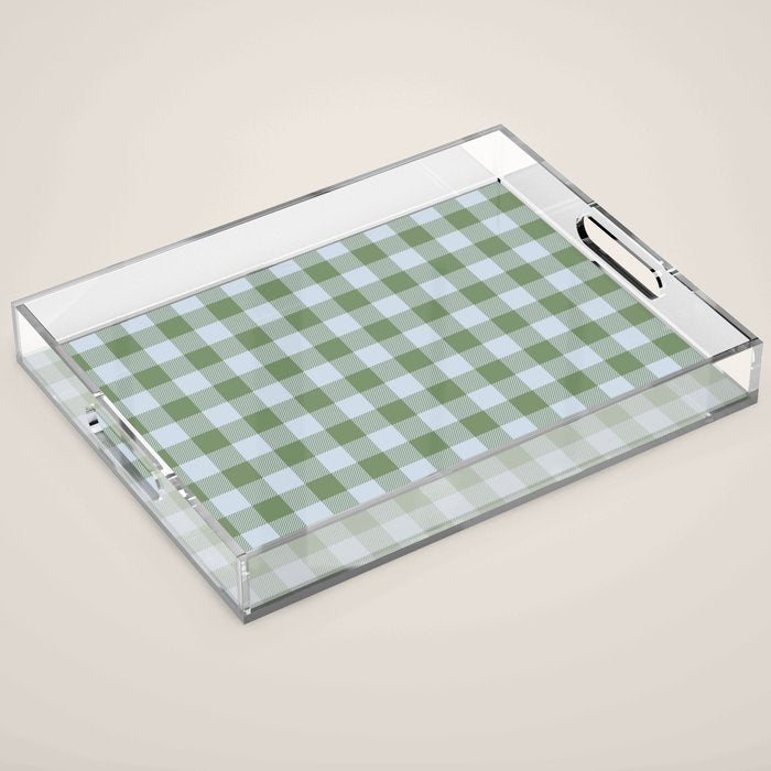 Gingham Plaid Pattern in Soft Sky and Sea Grass Tones Acrylic Tray Gallery Image 1