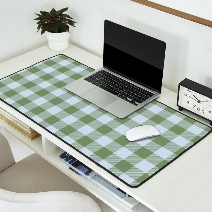 Gingham Plaid Pattern in Soft Sky and Sea Grass Tones Desk Mat Gallery Image 2