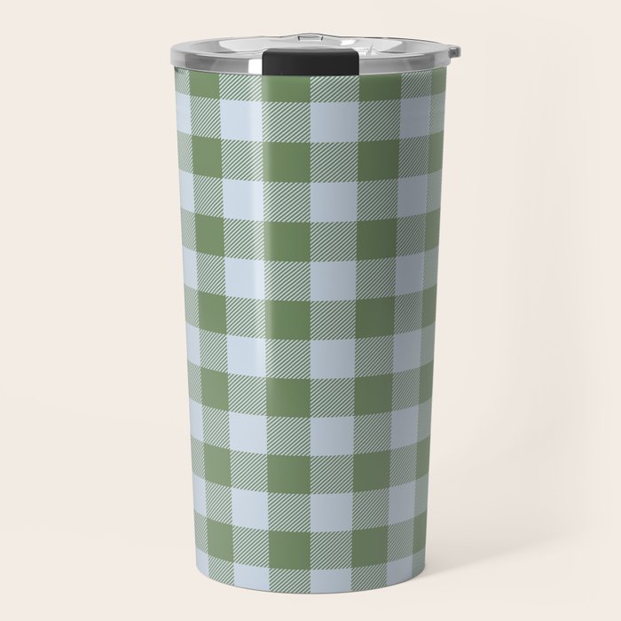 Gingham Plaid Pattern in Soft Sky and Sea Grass Tones Travel Mug Gallery Image 1