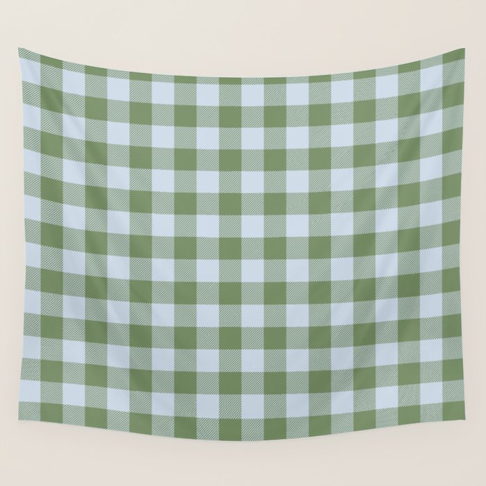 Gingham Plaid Pattern in Soft Sky and Sea Grass Tones Wall Tapestry Gallery Image 4