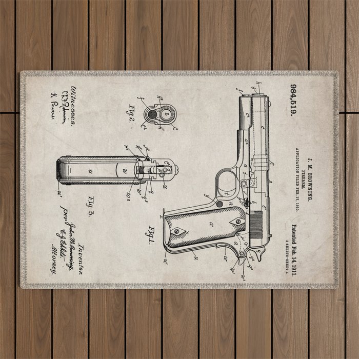 Colt Pistol Patent - Browning 1911 Colt Art - Antique Outdoor Rug Gallery Image 1