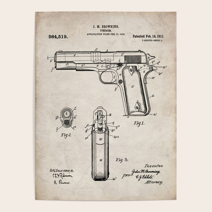 Colt Pistol Patent - Browning 1911 Colt Art - Antique Poster Gallery Image 1