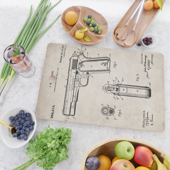 Colt Pistol Patent - Browning 1911 Colt Art - Antique Cutting Board Gallery Image 2