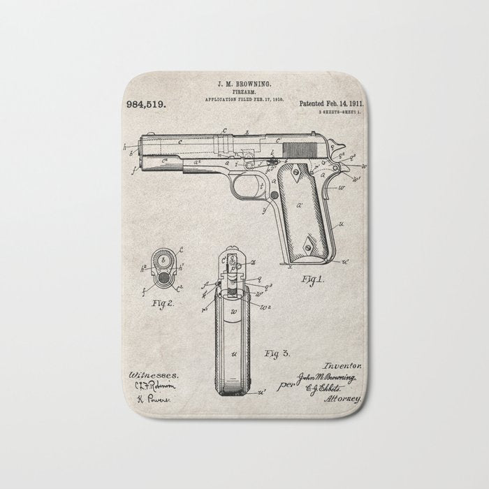 Colt Pistol Patent - Browning 1911 Colt Art - Antique Bath Mat Gallery Image 1