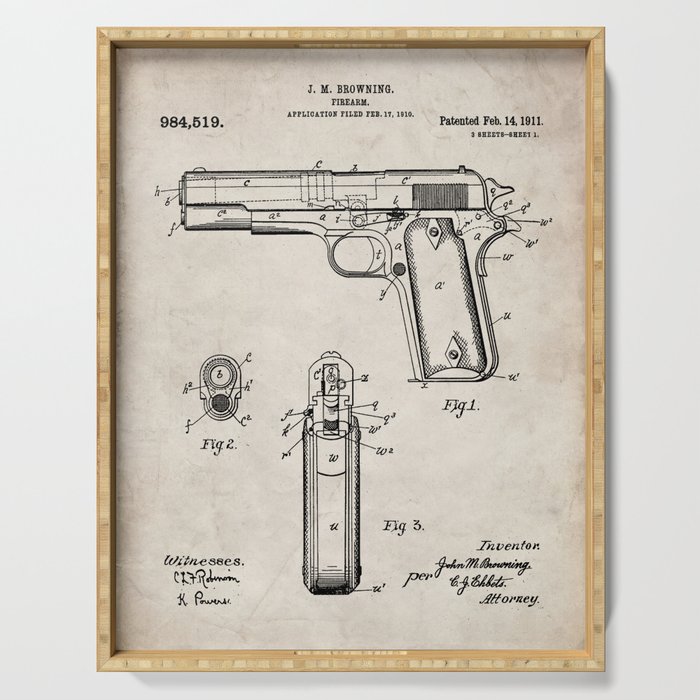 Colt Pistol Patent - Browning 1911 Colt Art - Antique Serving Tray Gallery Image 1