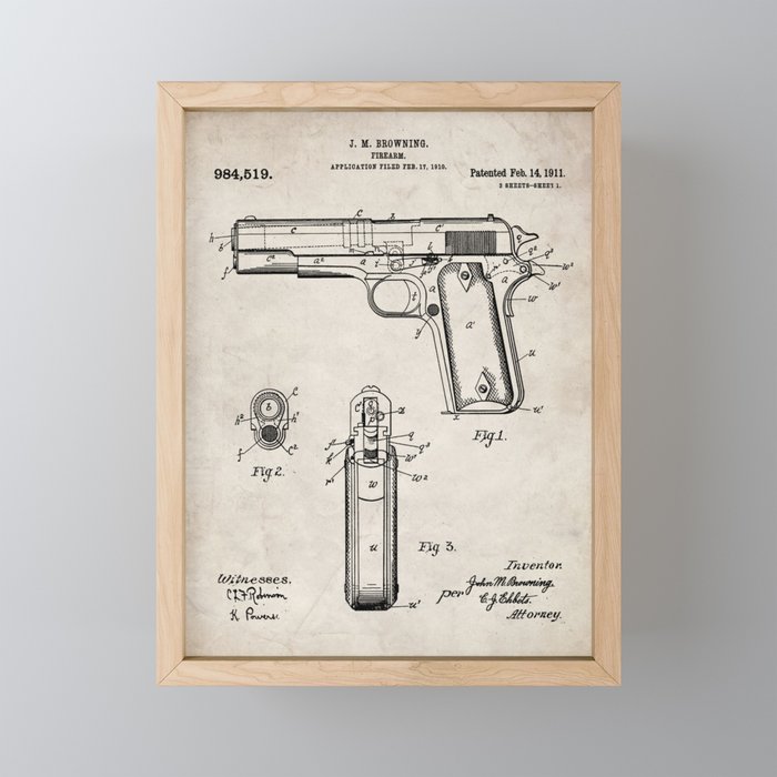 Colt Pistol Patent - Browning 1911 Colt Art - Antique Mini Art Print Gallery Image 1