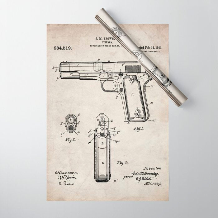 Colt Pistol Patent - Browning 1911 Colt Art - Antique Wrapping Paper Gallery Image 1