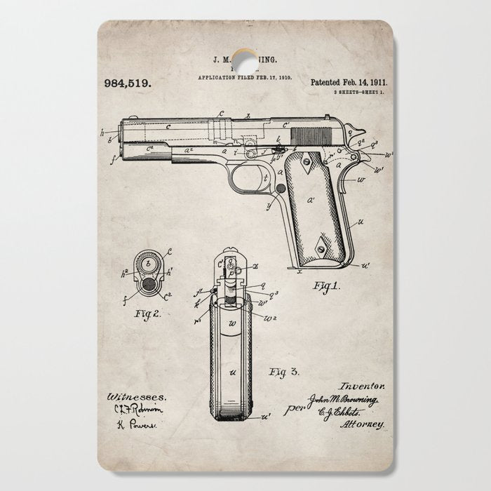 Colt Pistol Patent - Browning 1911 Colt Art - Antique Cutting Board Gallery Image 1