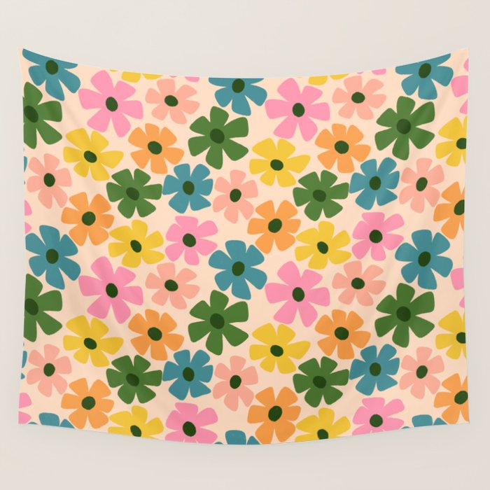 Retro Flower - Big Daisy Cream background Wall Tapestry Gallery Image 1